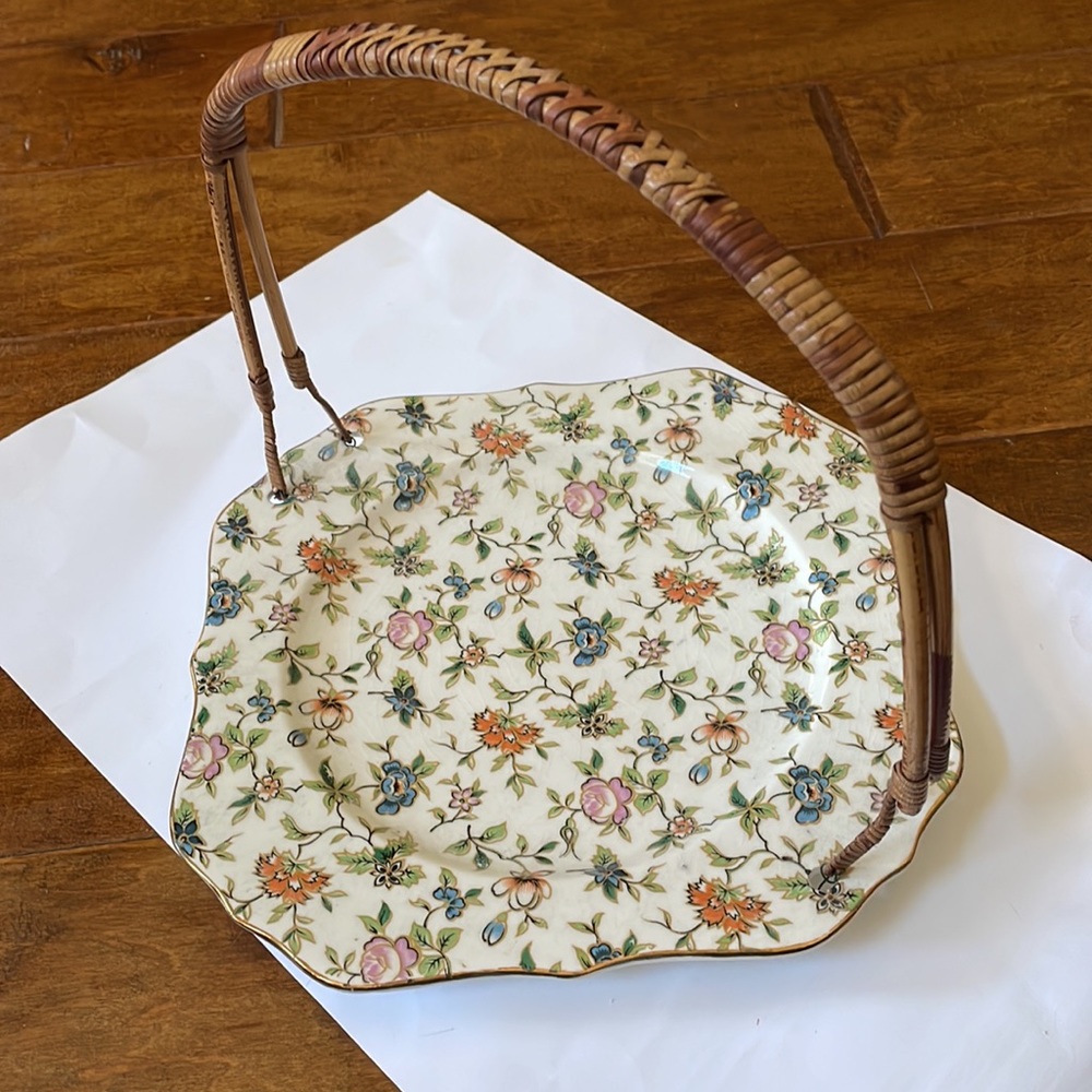Vintage Japan Hand Painted Flowers Floral Serving Plate with woven Bamboo Handle
